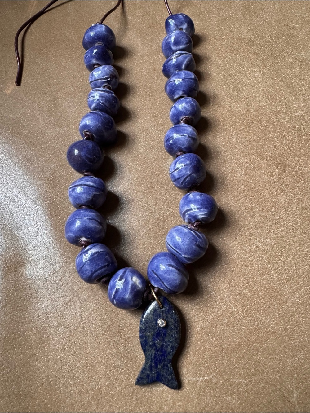 Handmade Blue ceramic Beaded Necklace w Lapis stone Fish Pendant leather cord